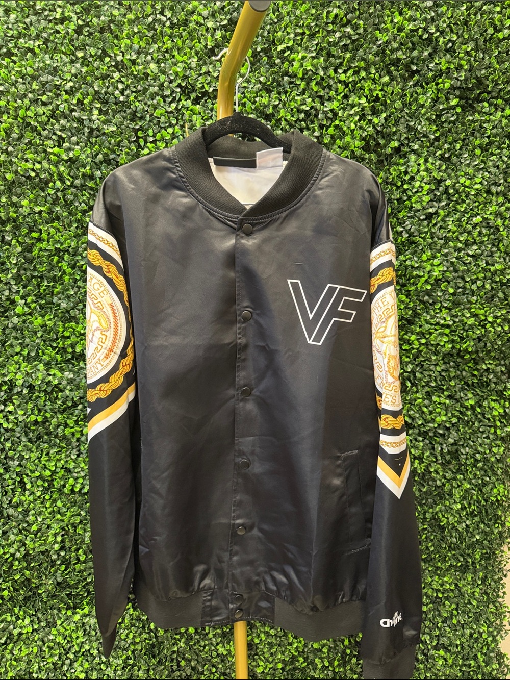 Chalk Line x Vintage Frames Black Satin Bomber Jacket with Gold Chain Print - XL
